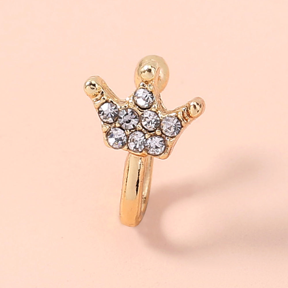 Gold rhinestone nose ring, mini crown rhinestone nose ring, piercing crown nose clip