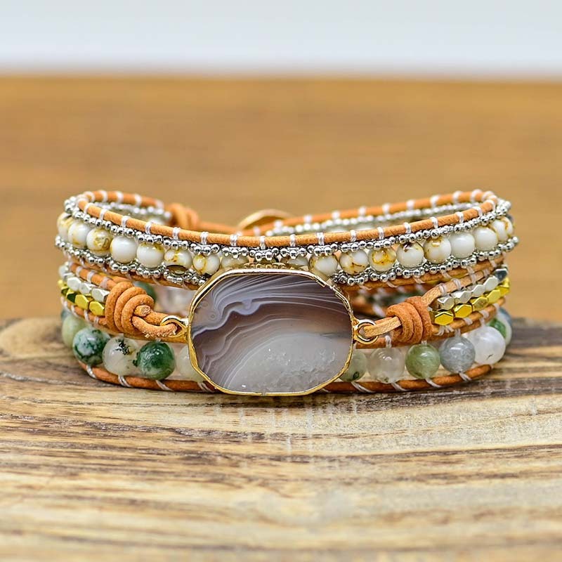 Natural Cut Agate Bracelet Stone Alloy Beads Hand Woven