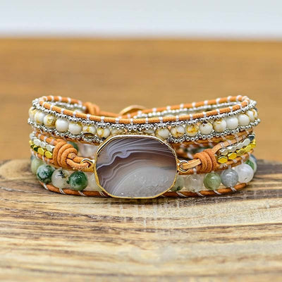 Natural Cut Agate Bracelet Stone Alloy Beads Hand Woven