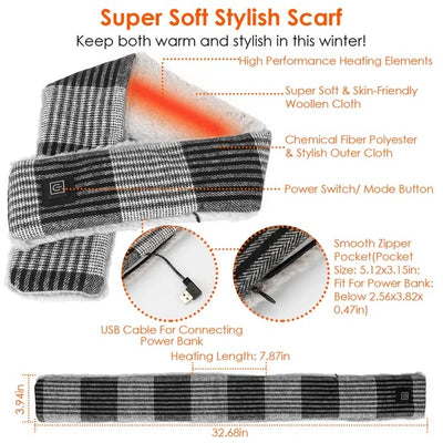 Electric Heated Scarf USB Heating Neck Wrap Unisex Winter Heated