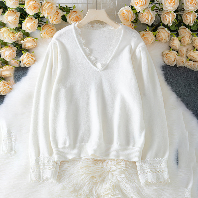 Women's Sweaters V Neck Lace Trim Long Sleeve Fall Pullover Tops Trendy Outfits For Women