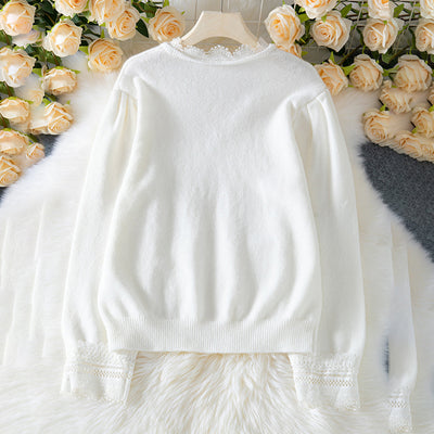 Women's Sweaters V Neck Lace Trim Long Sleeve Fall Pullover Tops Trendy Outfits For Women