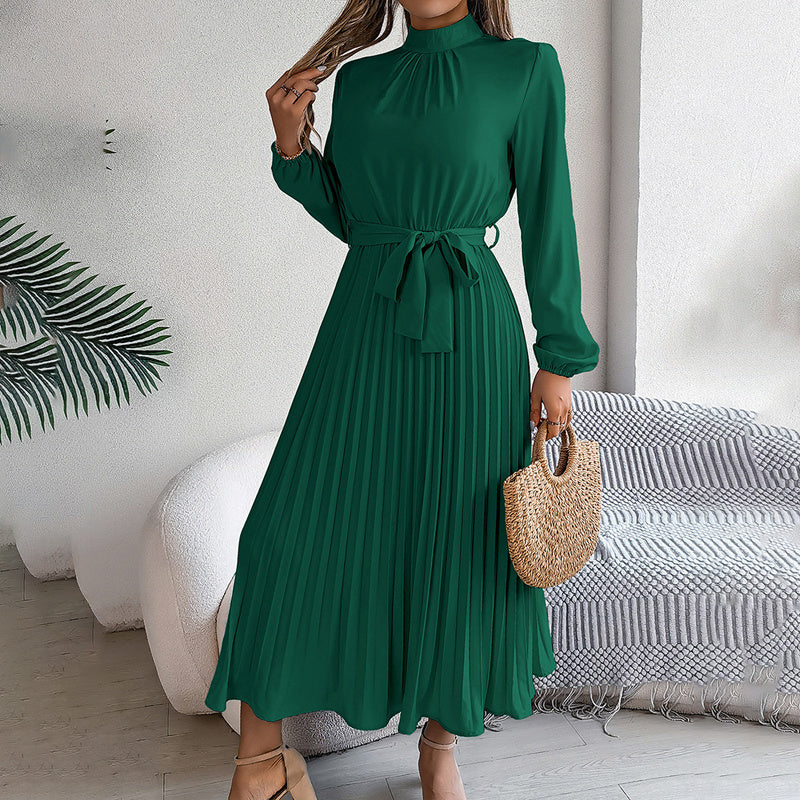 Elegant High Neck Long Sleeve Pleated Maxi Dress - Solid Color Flowy Dress For Women, Casual To Formal Wear