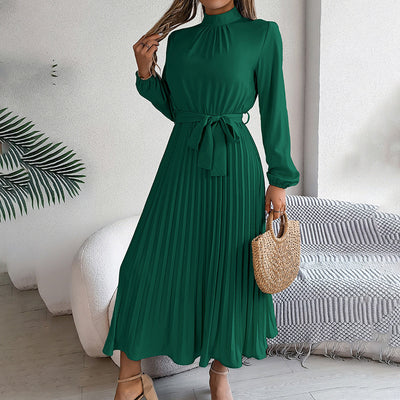 Elegant High Neck Long Sleeve Pleated Maxi Dress - Solid Color Flowy Dress For Women, Casual To Formal Wear