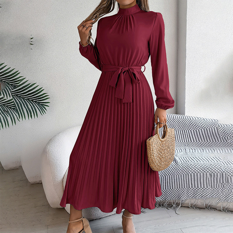 Elegant High Neck Long Sleeve Pleated Maxi Dress - Solid Color Flowy Dress For Women, Casual To Formal Wear