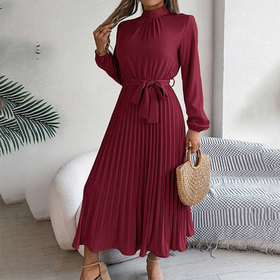 Elegant High Neck Long Sleeve Pleated Maxi Dress - Solid Color Flowy Dress For Women, Casual To Formal Wear