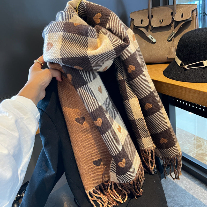 Cashmere-like Love Plaid Scarf Thickened Warm Shawl