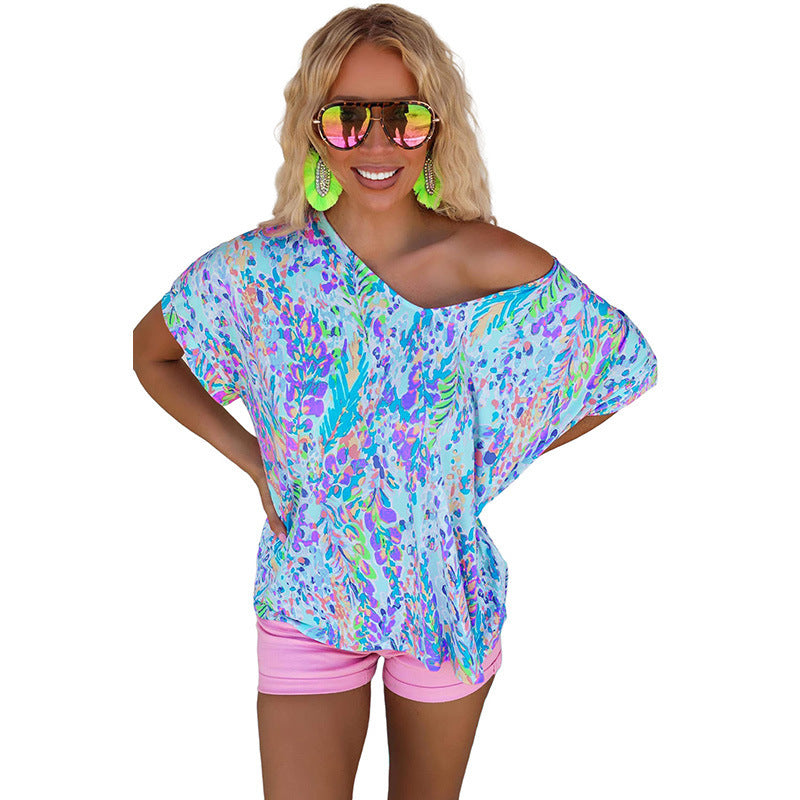 Loose Painted Flower Painting T-shirt Women Single Wear Paint Flower Casual Top Women