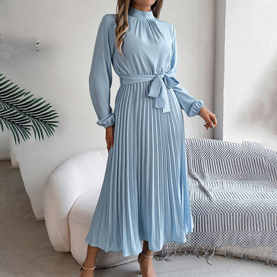 Elegant High Neck Long Sleeve Pleated Maxi Dress - Solid Color Flowy Dress For Women, Casual To Formal Wear