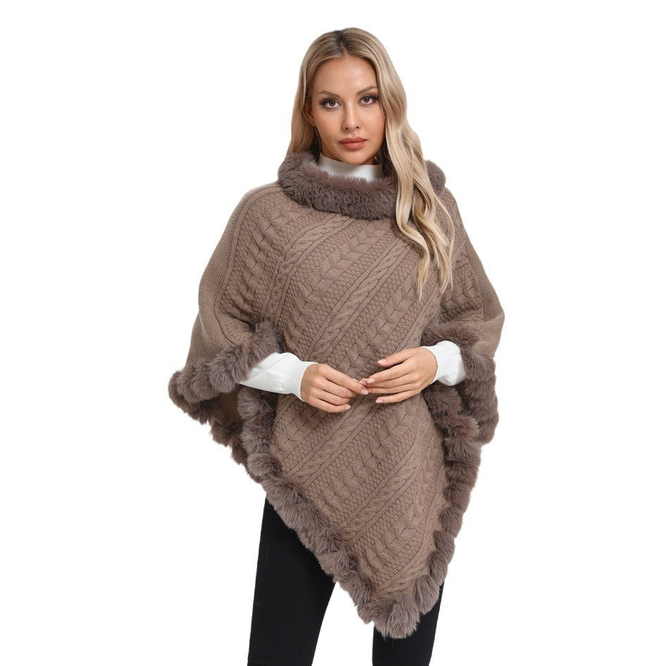 Fur Collar Oversized Knit Pullover Shawl Cloak