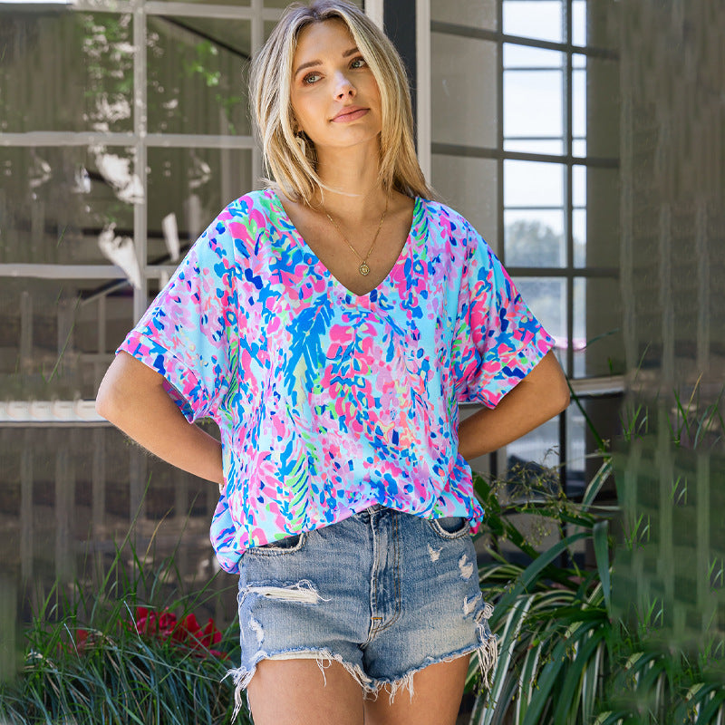 Loose Painted Flower Painting T-shirt Women Single Wear Paint Flower Casual Top Women