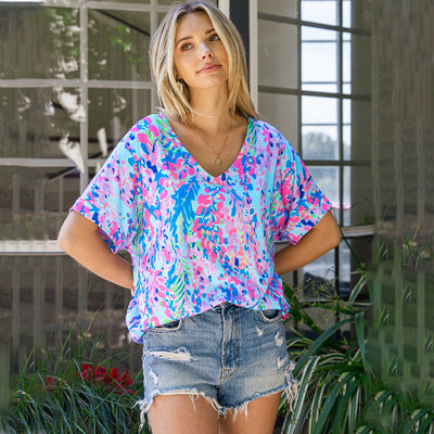 Loose Painted Flower Painting T-shirt Women Single Wear Paint Flower Casual Top Women