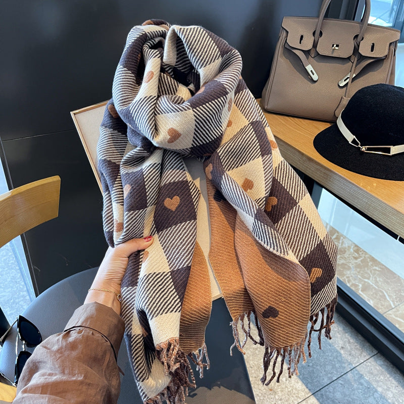Cashmere-like Love Plaid Scarf Thickened Warm Shawl
