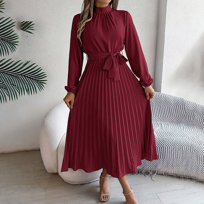 Elegant High Neck Long Sleeve Pleated Maxi Dress - Solid Color Flowy Dress For Women, Casual To Formal Wear