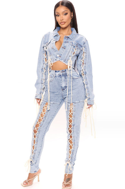 Lace-up Denim Coat For Women