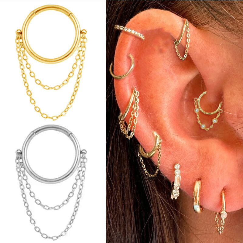 Chain Inlaid Zircon Piercing Nose Ring Earrings