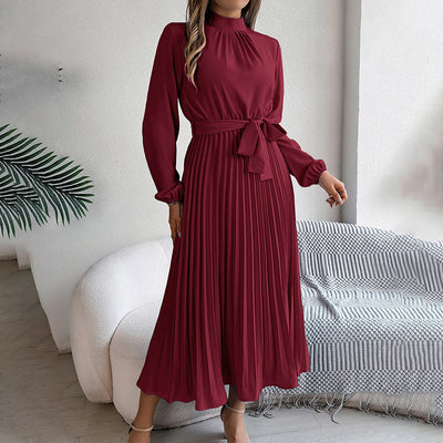 Elegant High Neck Long Sleeve Pleated Maxi Dress - Solid Color Flowy Dress For Women, Casual To Formal Wear
