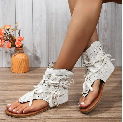Retro Flat Bottom Tassel Hollow Toe Sandals