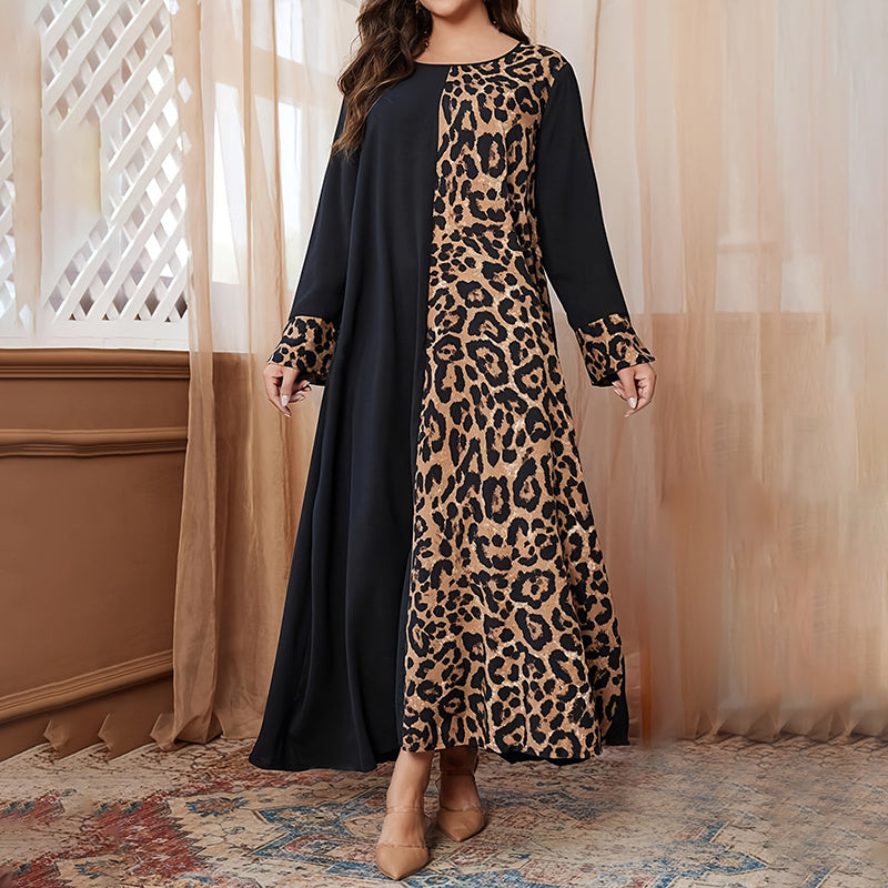 Womens Leopard Print Maxi Dresses Color Block Long Sleeve Dress Casual Summer Dresses