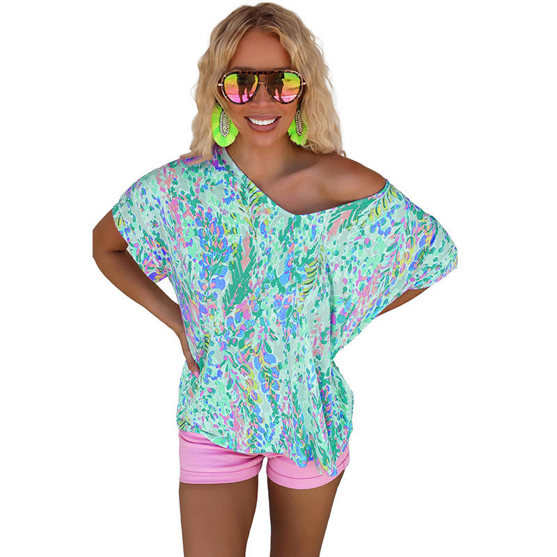 Loose Painted Flower Painting T-shirt Women Single Wear Paint Flower Casual Top Women