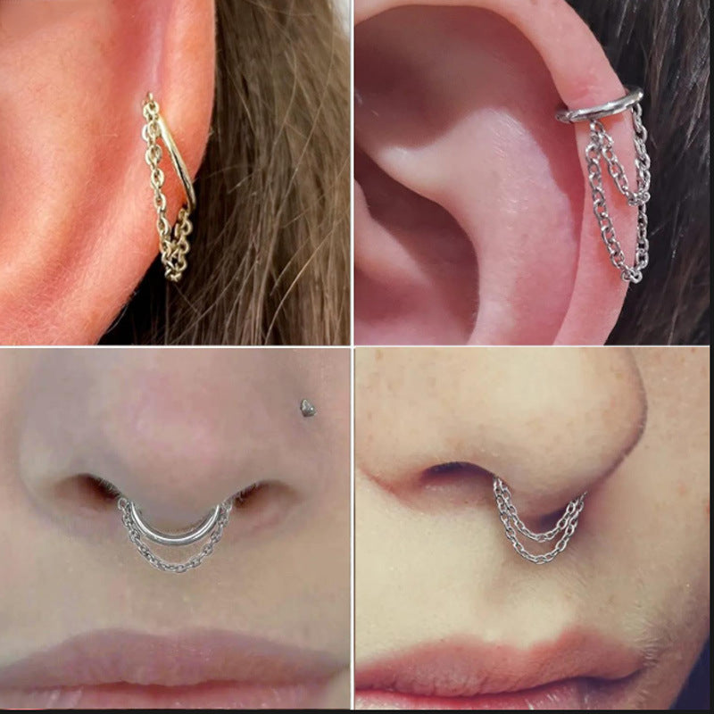 Chain Inlaid Zircon Piercing Nose Ring Earrings