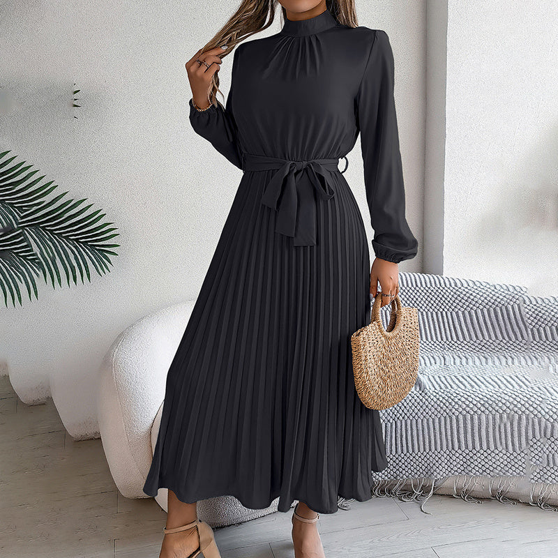 Elegant High Neck Long Sleeve Pleated Maxi Dress - Solid Color Flowy Dress For Women, Casual To Formal Wear