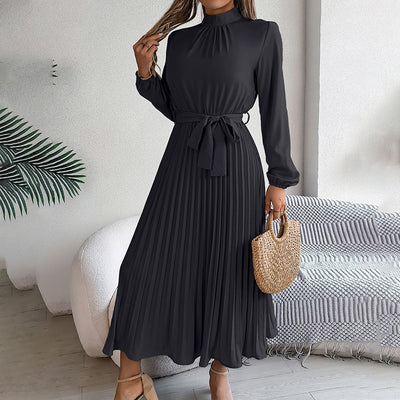 Elegant High Neck Long Sleeve Pleated Maxi Dress - Solid Color Flowy Dress For Women, Casual To Formal Wear