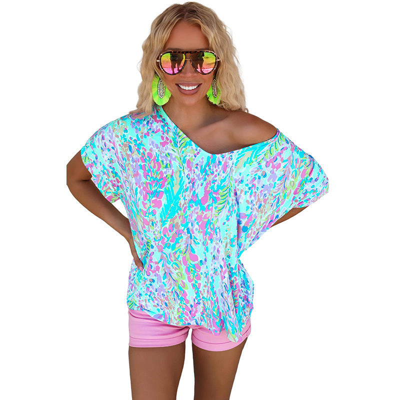 Loose Painted Flower Painting T-shirt Women Single Wear Paint Flower Casual Top Women