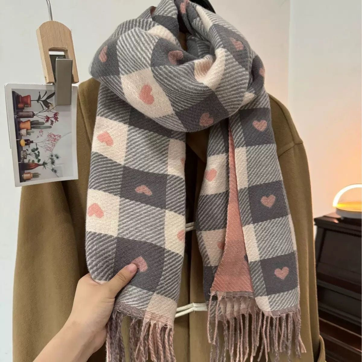 Cashmere-like Love Plaid Scarf Thickened Warm Shawl